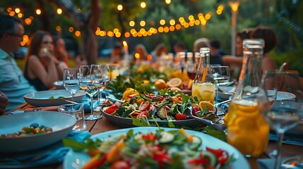 a summer evening dinner party, long table set with light salads, grilled vegetables, and pitchers of