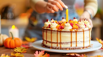 Poster -   A person lighting a candle atop a cake on a table surrounded by autumnal leaves and pumpkins