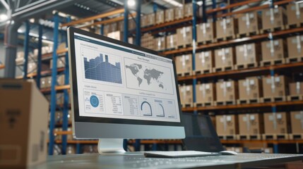Aufkleber - A computer monitor displays a map of a warehouse with boxes stacked on shelves