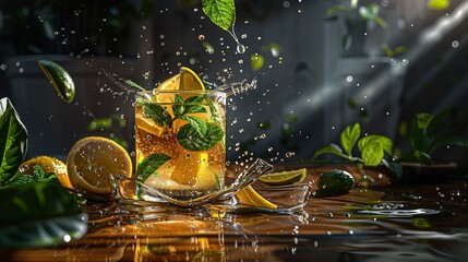 Poster -   A refreshing drink with lemons, limes, and mints spilling onto a wooden table