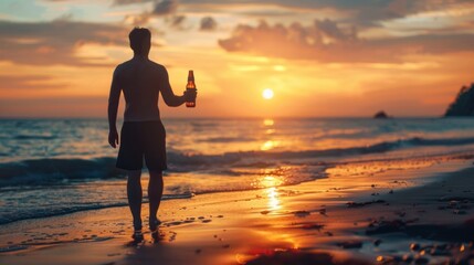 Poster - A man is walking on the beach holding a beer bottle