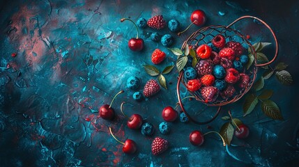 Wall Mural -   Basket brimming with red raspberries & blueberries on dark blue-green background, surrounded by leaves & other berries