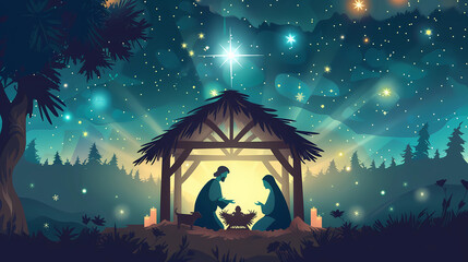 Wall Mural - Christmas nativity scene of born child baby Jesus Christ in the manger with Joseph and Mary.illustration Christmas Nativity Scene banner background of baby Jesus in the Christmas with Mary and Joseph.