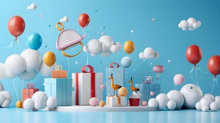 Canvas Print - Festive 3D Balloons, Gifts, and Clouds on Blue Background.