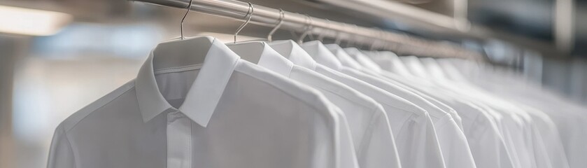 Neatly arranged white shirts hanging on a rack, showcasing simplicity and elegance in fashion. Perfect for wardrobe concepts.