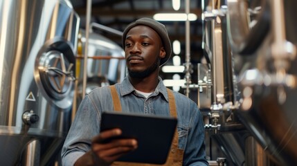 Poster - A man wearing a hat and apron is looking at a tablet