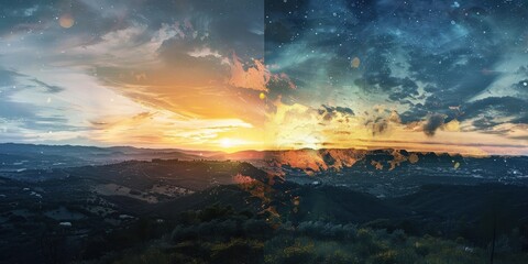 Wall Mural - two different views of a sunset over a mountain range