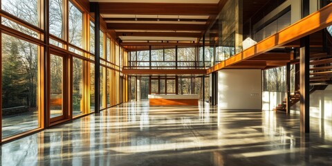 Wall Mural - A large open space with a lot of windows and a wooden floor