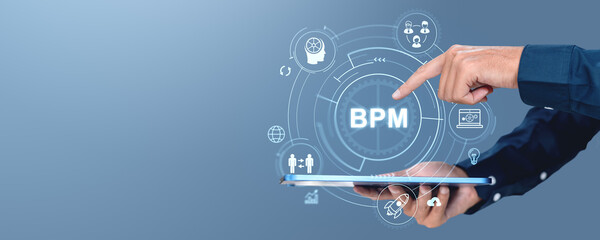 Poster - business process management concept with digital tablet on blue background.