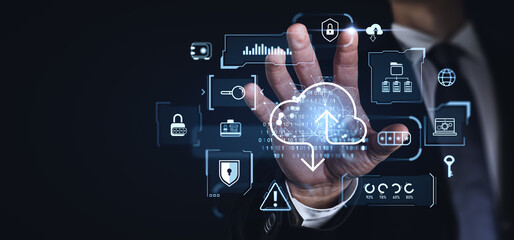 Poster - Man finger touch glowing cloud, data storage and security. Copy space