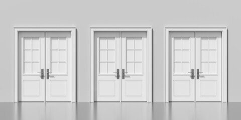 Three closed white doors in row, decision and choice concept