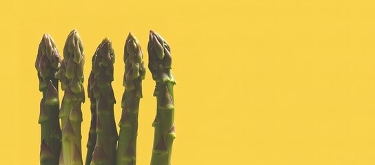 Wall Mural - Close up of fresh green asparagus spears against a bright yellow background.