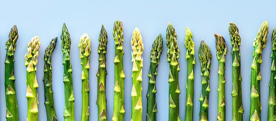 Wall Mural - A row of fresh green asparagus spears arranged in a line on a light blue background.