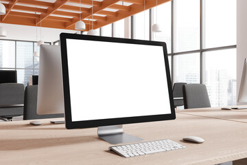 Poster - Stylish workspace interior with pc desktop on desk with mock up display, window