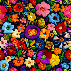 Wall Mural - Colorful Flowers Embroidered Decorative Textile Seamless Pattern