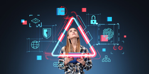 Poster - Woman with tablet surrounded by cybersecurity icons on a digital