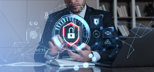 Poster - Cybersecurity concept with businessman using smartphone in moder