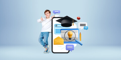 Poster - Student with online education icons on smartphone screen.