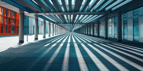 Wall Mural - A large, empty, and mostly dark hallway with a few windows