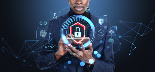 Poster - African businessman with tablet, cybersecurity hologram and data protection