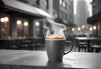 Two cups of coffee sit on a table with a coffee cup in front of them