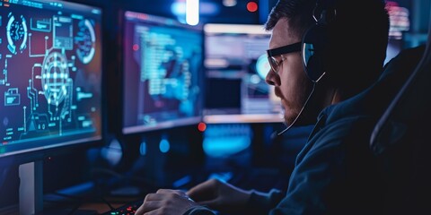 Wall Mural - Image of cybersecurity professionals conducting assessments, examining data security, and performing vulnerability checks to ensure robust protection