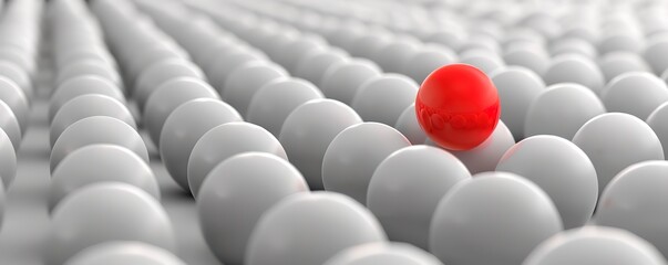 One red ball stands out from a row of white balls.  Concept of individuality, uniqueness, leadership, and standing out from the crowd.