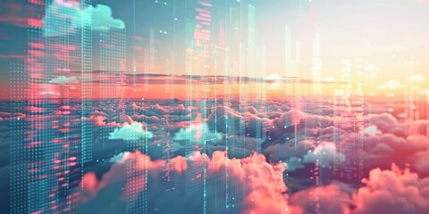 Wall Mural - Visual representation of data floating in the sky, with bright, digital symbols and analytics charts blending into a clear, serene sky filled with soft clouds