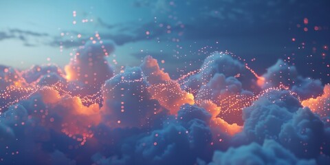 Poster - Scene of floating data in the sky, with illuminated data points and analytics charts drifting amongst fluffy clouds, illustrating the concept of cloud computing