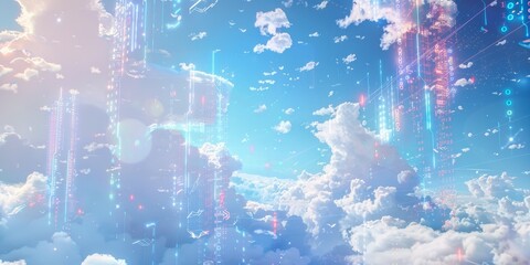 Aufkleber - Concept art of data floating in a clear blue sky, with illuminated graphs, charts, and binary sequences drifting amidst fluffy white clouds, representing data in the cloud