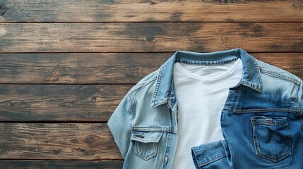 Canvas Print - closeup template blank white t shirt jeans blue jacket on wooden background top view copy space summer t shirt casual outfit front empty place for print and advertising