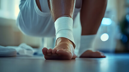 Poster - Expertly Wrapped Ankle Bandage in Serene Clinical Setting - Professional Healthcare Assistance Concept