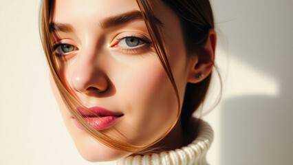 Close-up portrait of a young woman with blue eyes and soft skin