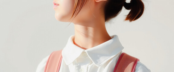 Wall Mural - Closeup of a young woman's face and neck, wearing a white shirt