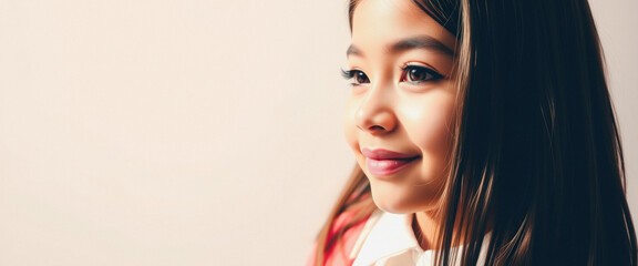 Canvas Print - Closeup of a young girl's face with long brown hair, looking away with a soft smile.