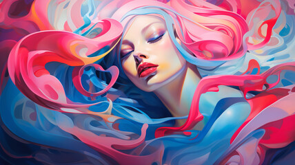 A Woman's Face Submerged in Abstract Pink and Blue Swirls