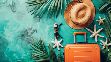 Overhead view of orange suitcase with beach accessories, sunglasses, sunhat, and tropical palm leaves on teal background – ideal for travel promotions and vacation planning