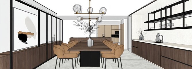 Canvas Print - Modern Kitchen and Dining Room Interior Design Sketch