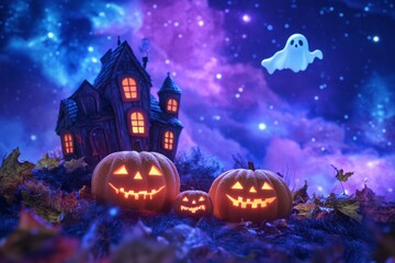 Wall Mural - Spooky Halloween night scene featuring glowing pumpkins and a ghost, with a haunted house and starry night sky in the background