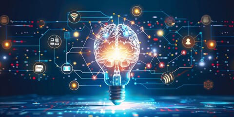 Wall Mural - A bright light bulb encircled by various AI icons, including brain circuits and algorithm patterns, symbolizing the fusion of creativity and artificial intelligence