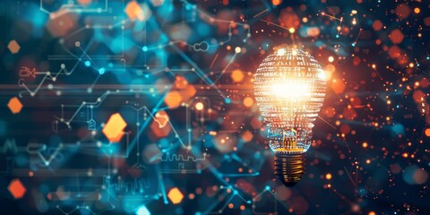 Fototapete - A bright light bulb amidst a flurry of AI-related icons, including algorithms and data visualizations, symbolizing the illumination of ideas through artificial intelligence