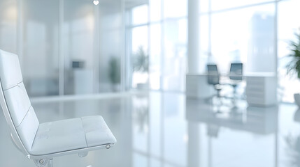 A sleek white office chair in a modern, minimalist workspace with large glass windows and bright, natural light.