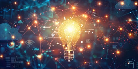 Fototapete - A central light bulb with surrounding AI symbols like neural circuits and cloud computing icons, representing the fusion of innovation and artificial intelligence