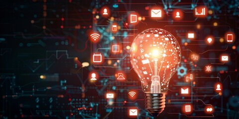 Fototapete - A glowing light bulb encircled by a mix of AI icons, including data analytics and virtual assistants, illustrating the merging of creativity with technological advancements