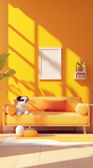 The photo illustration of cartoon style, a living room with warm light ,a cat in comfortable environment  