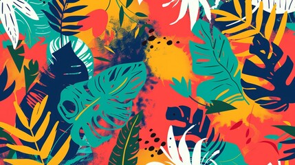 Colorful abstract travel pattern background with vibrant geometric shapes and tropical elements, ideal for summer-themed designs, vacation promotions, and holiday invitations, featuring dynamic and pl