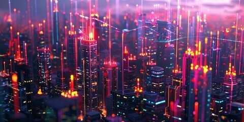 Poster - A nighttime cityscape featuring bright buildings interconnected by neon lines, representing the flow of data and communication channels within a modern metropolis