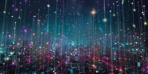 Wall Mural - A dark city skyline illuminated by colorful lines connecting buildings, illustrating a high-tech network of data and connectivity across the urban environment