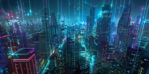 Poster - An illuminated city at night with glowing lines weaving through skyscrapers, showcasing the connectivity and technological advancements shaping the urban landscape