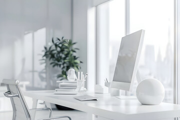 Poster - A sleek, minimalist office desk setup featuring a modern computer, white decor, and abundant natural light from large windows.